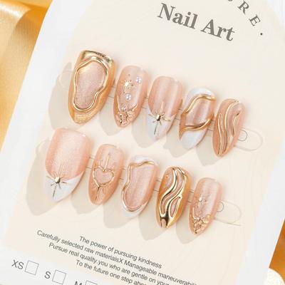 30-Piece Cat Eye Almond Shaped Gemstone 3D Gilded French Edge False Nails