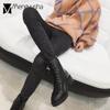 Fashion Winter Boots Women Zipper&Lace-Up Motorcycle Botas PU Leather Botines Mid-Calf Low Square Heels Riding Knight Booties Mujer