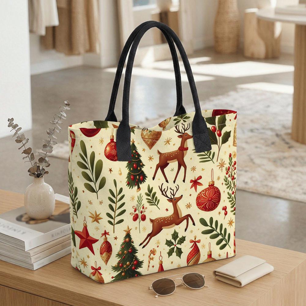 Christmas Reindeer Printed Canvas Tote Bag Casual Large Capacity Holiday Handbag