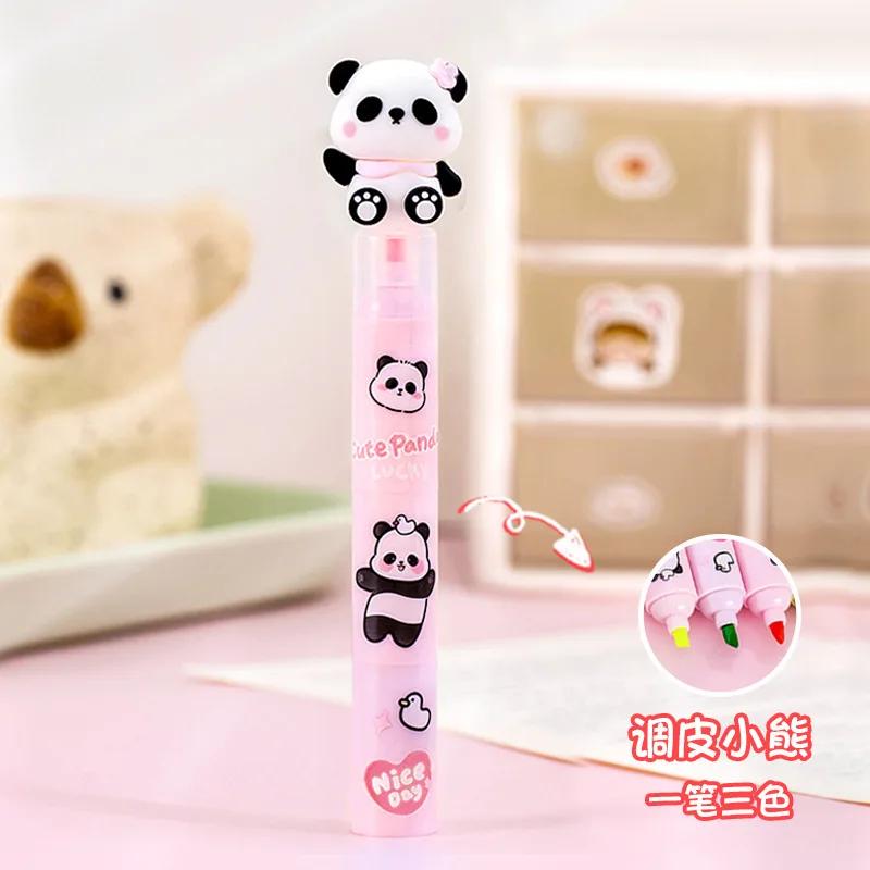 1pcs 3 in 1Cartoon Panda Three Color Splice Highlighter Pen Student Creative DIY Colorful Hand Ledger Stroke Key Marker Pen