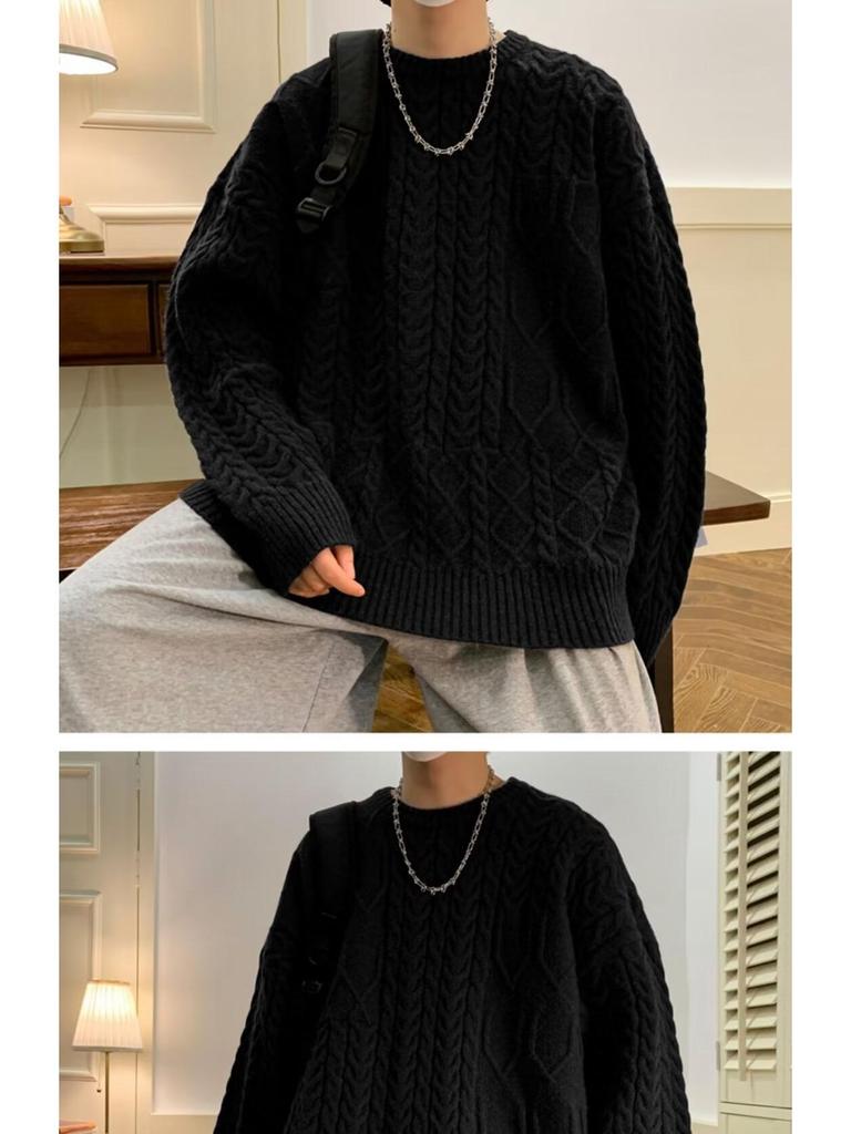 Men's Trendy Japanese Twisted Knit Sweater - Loose, Thickened, Round Neck for Autumn/Winter.