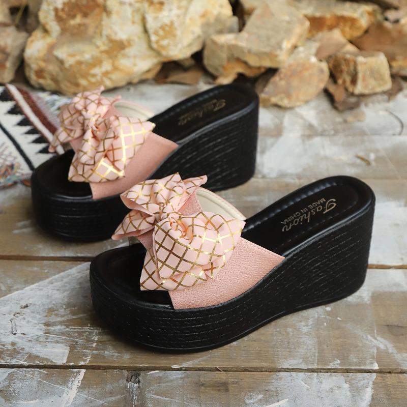 Summer Bow Platform Slippers Wedges Women Sandals 2025 New Super High Heels Trend Shoes Beach Woman Flip Flops Pumps