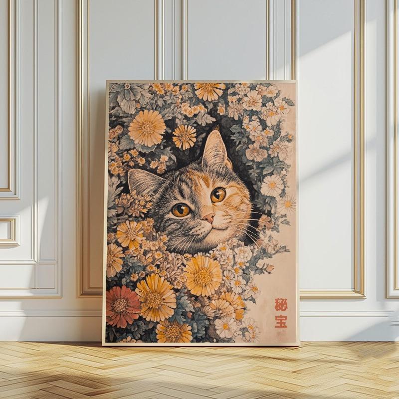 Japanische Florale Katze Nickerchen Vintage Botanische Poster und Drucke Leinwanddruck Wandkunst Bild für Wohnzimmer Heimdekoration