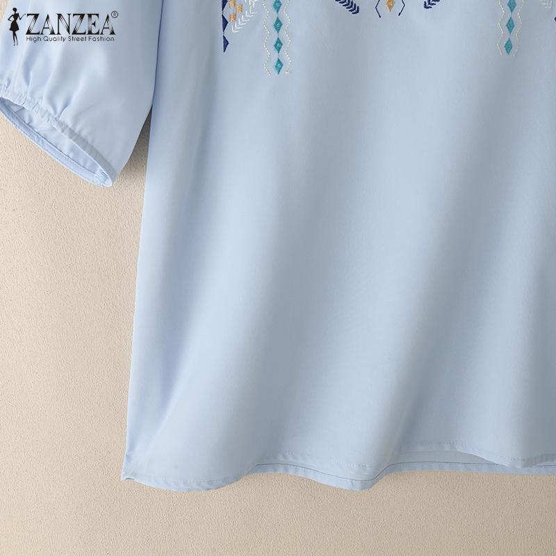 ZANZEA Women Casual V-Neck Summer Short Sleeve Print Blouse