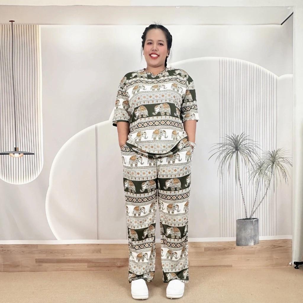 

Комплект из слоновьих штанов и рубашки, круглый вырез, кроп-топ, короткий рукав, регулируемая эластичная талия со шнурком, женский принт, Таиланд, повседневный, богемный, ретро, винтажный One size