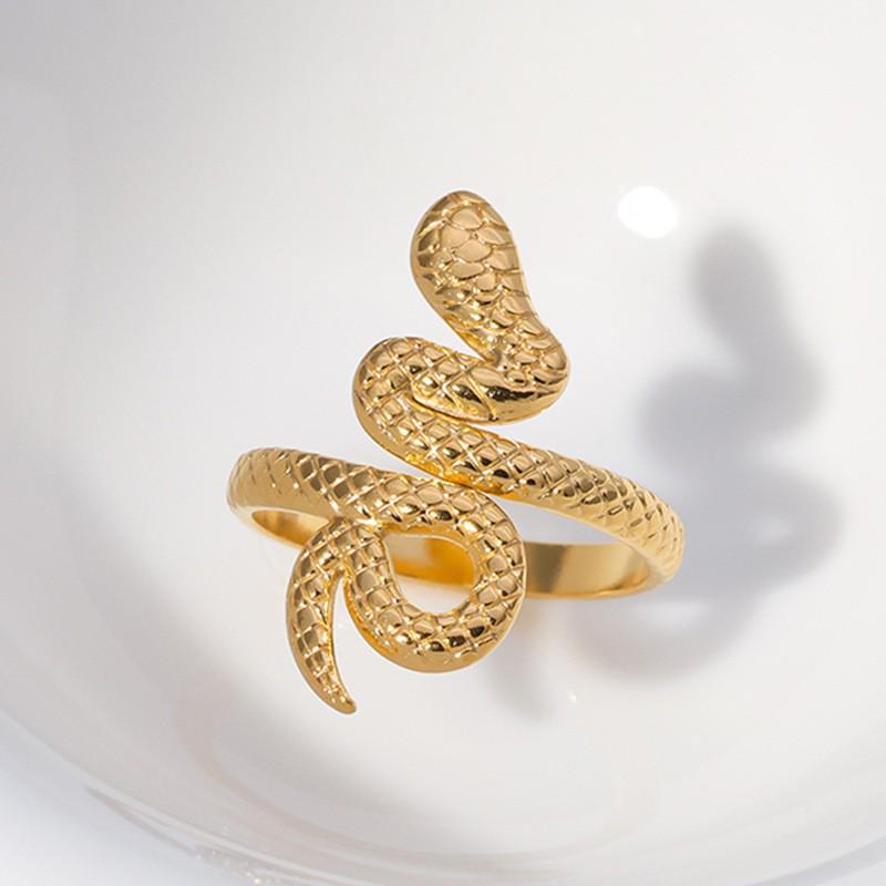 Gold-Plated Snake-Shaped Titanium Steel Adjustable Ring for Women - Retro, Colorfast, European & American Fashion.