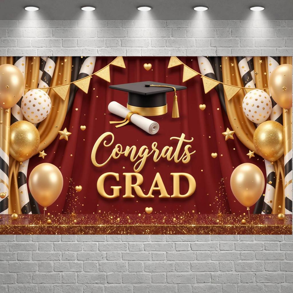 Congrats Grad Background Graduation Cap Grad Event Banner Graduation Celebration Banner Black Gold  Grad Party Banner