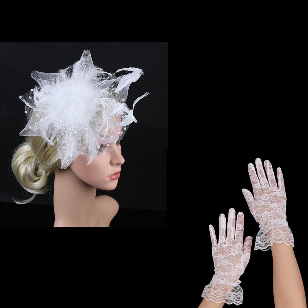 Elegant Lace Veil Fascinator Hat and Wrist Lace Gloves Set Hair Decoration for Bridal Weddings Vintage Tea Party Event