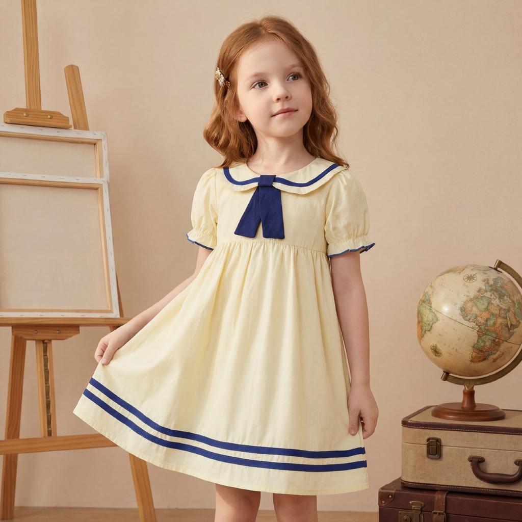 Girls' School-style Short-sleeved Cotton Dress For Children, Children's Casual Dress