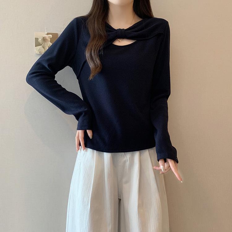 

Plus Size Women s Hollow-Out Bowknot Slimming Long Sleeve Top XL королівський синій колір
