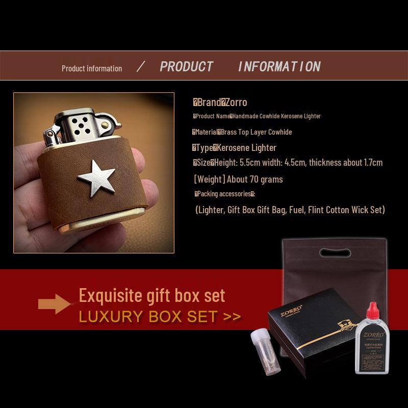 Zorro 506 Antique Silver Star Leather Brass Kerosene Lighter - Handmade Gift