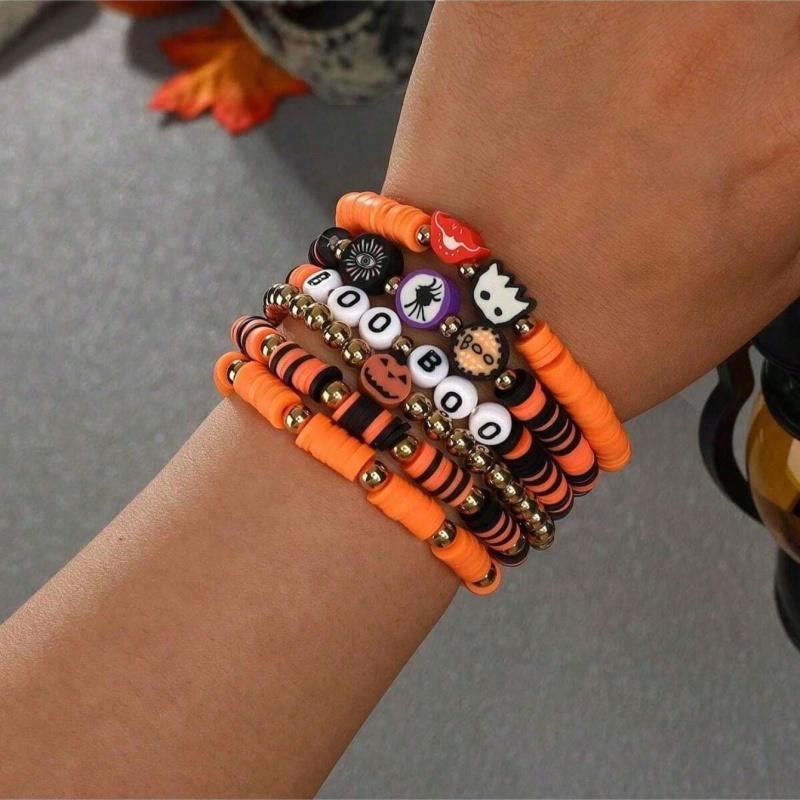 6pcs Halloween Decoration Bracelet with Pumpkin, Bat, and Ghost Pendants, Roleplaying Party Decoration giftHalloween Decorations