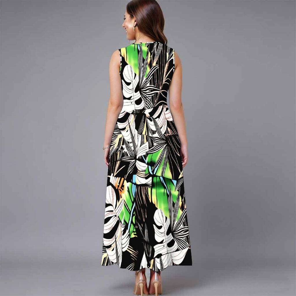 Oversized Women Sleeveless Round Neck Dress Stylish Multicolor Floral Branch Flowy Mid Calf Dress