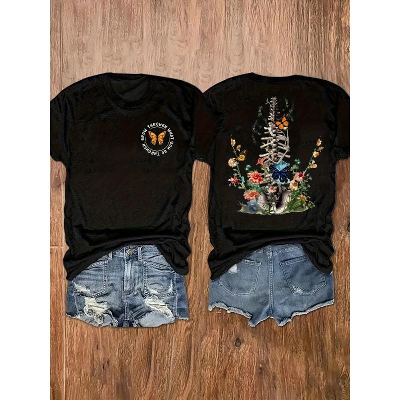 Womens Floral Butterfly Print Tee Round Neck Short Sleeve Casual Vacation Top 4XL чёрный