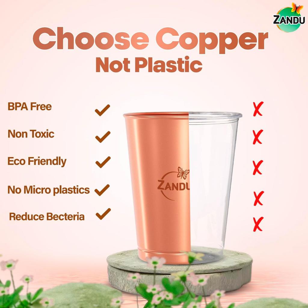 Zandu Pure Copper Water Tumbler Set 2 x 300 ml Eco Friendly BPA Free Reusable Drinking Cups For Home Kitchen Use