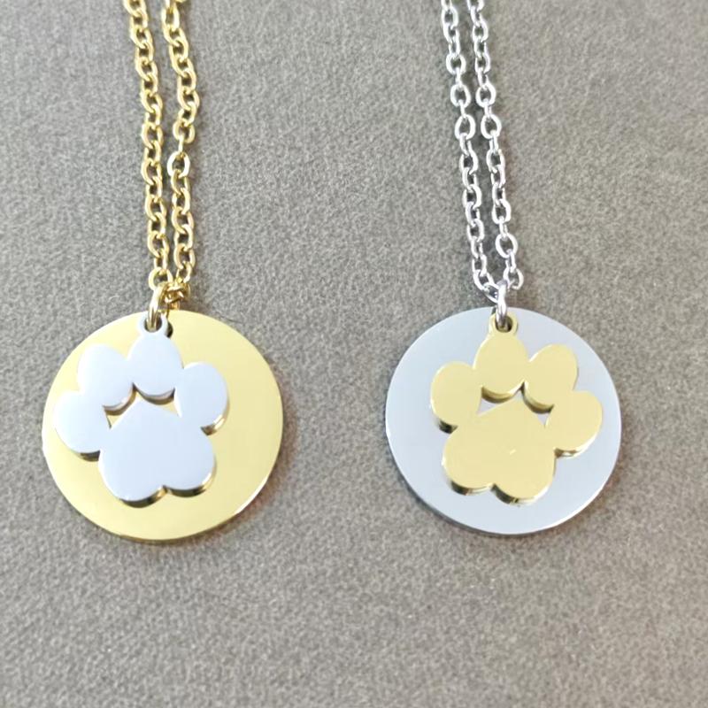 10pcs Lot 304 Stainless Steel Mirror Polish Necklace Round Charms with Dog Paw Pendant Necklace Fashion Necklace