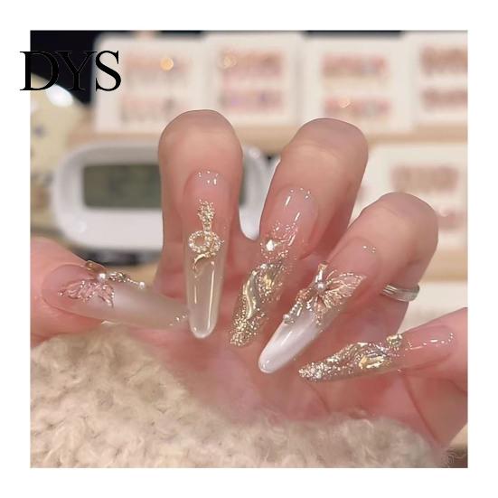 Wedding Manicure Tips 10 Pcs Press On Nails, Pink Fake Nails Full Kit, Reusable Glitter False Natural Look Glue with Rhinestones, Cover Stick
