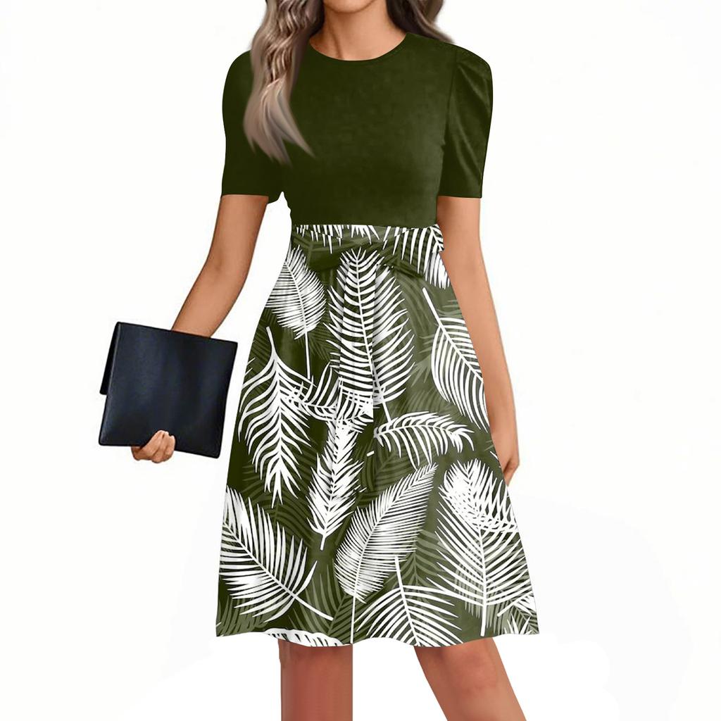 Women's Fashionable Casual Belt Short Sleeved Round Neck Printed Patchwork Dress
