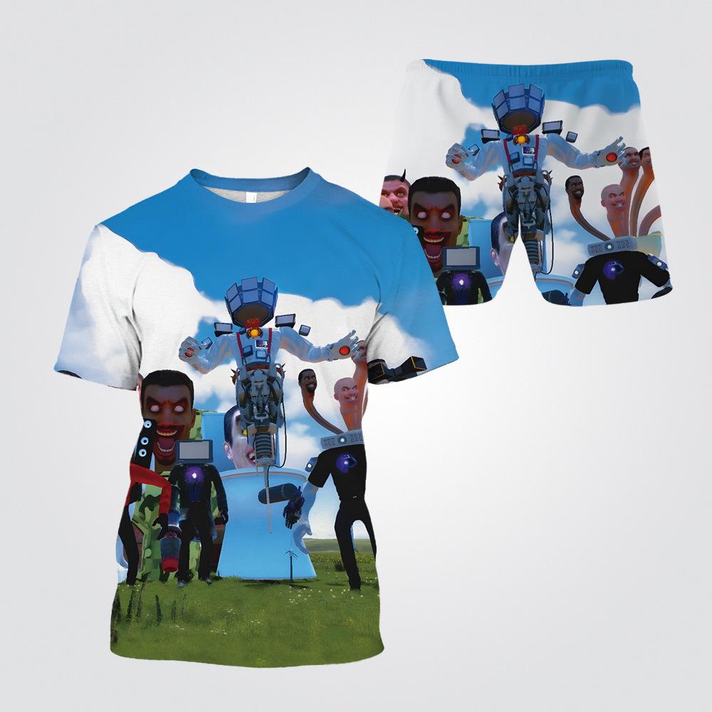 Summer Round Neck 3D Cartoon Toilet Person Vs. Monitoring Person Printed Set Fashionable and Casual Short Sleeved Shorts Children's Boy Clothing Sets