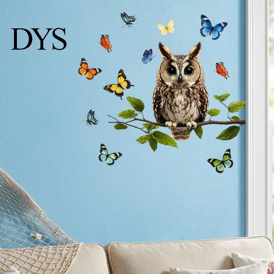 Natural Forest Theme Wall Decor Owl Butterfly Sticker, Animal Illustration Decorative Decals, Pastoral Style Mural Waterproof Removable Stickers, for