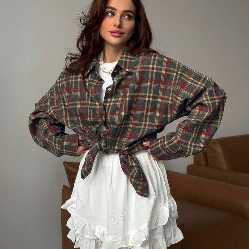

Western Style Fashion Casual Loose Plaid Lapel Long sleeve Cardigan Shirt Loose Checked Shirt Red XL