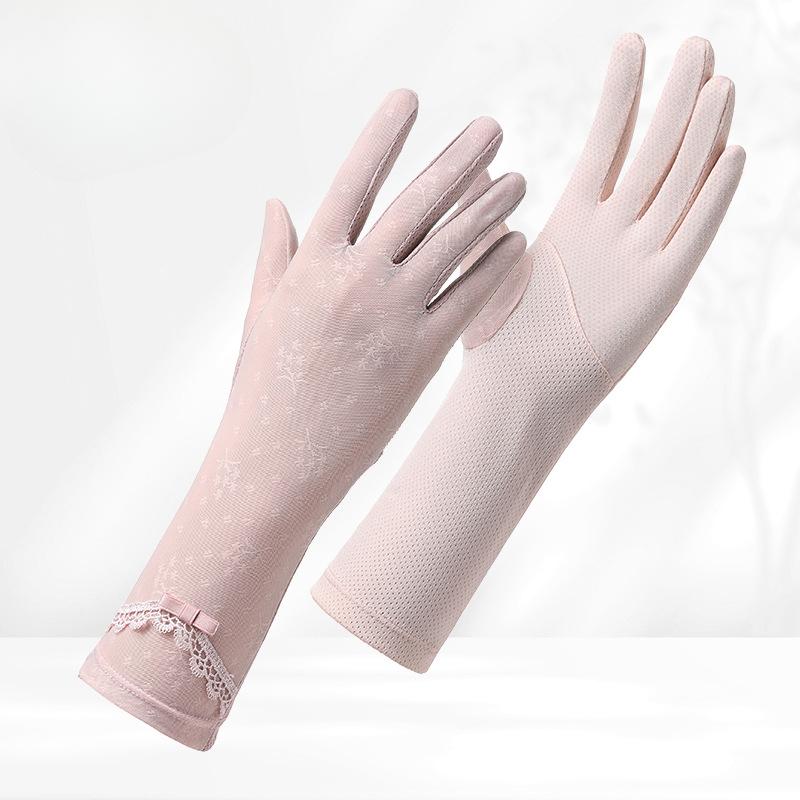 Long Ice Silk Sunscreen Gloves for Women's Light and Breathable UV Rays Outdoor Driving Anti Slip Touch Screen Lace Gloves