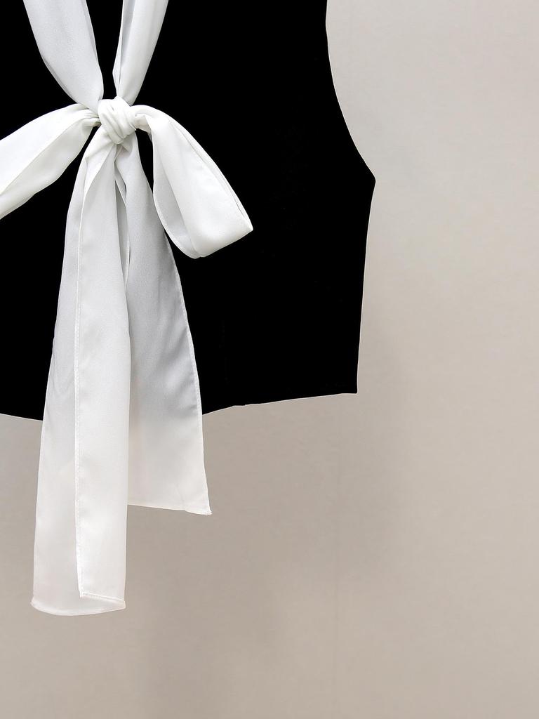 S Family Autumn French Hepburn Color Block Ribbon Bow Short Loose Vest Top