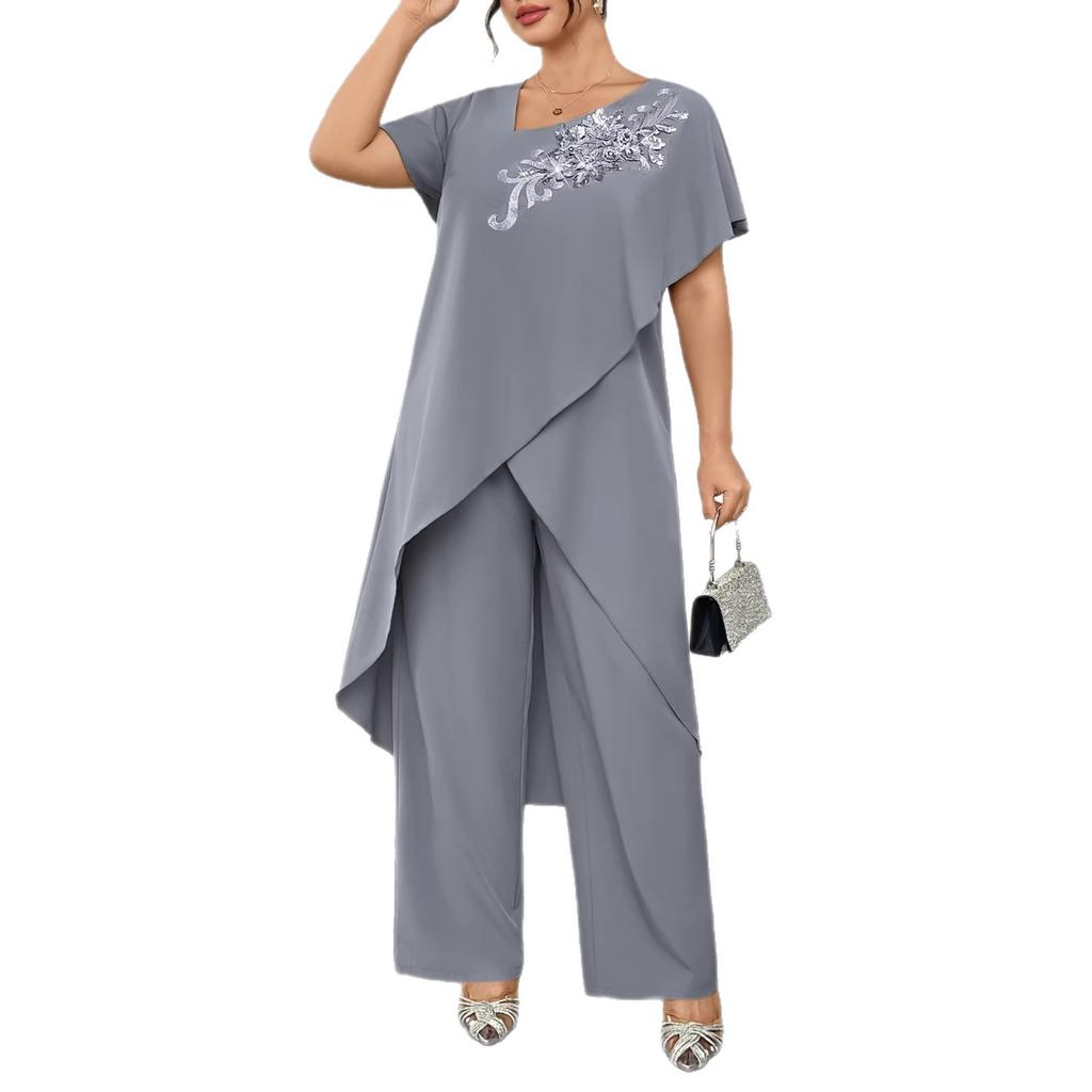 European and American cross-border plus-size women's 2026 summer fashion print irregular mid-length top wide-leg pants two-piece set
