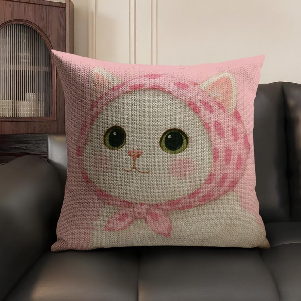 Art Cat Cute Cushion Cover Summer Breathable Linen Organic Fabric Double-Sided Printing Sofa Pillow Case Home Decor