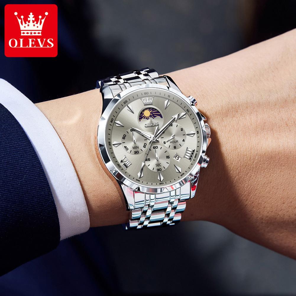 OLEVS Original Chronograph Quartz Watch For Men Moon Phase Stainless Steel Waterproof Man Watch Date Fashion Wrist Watch