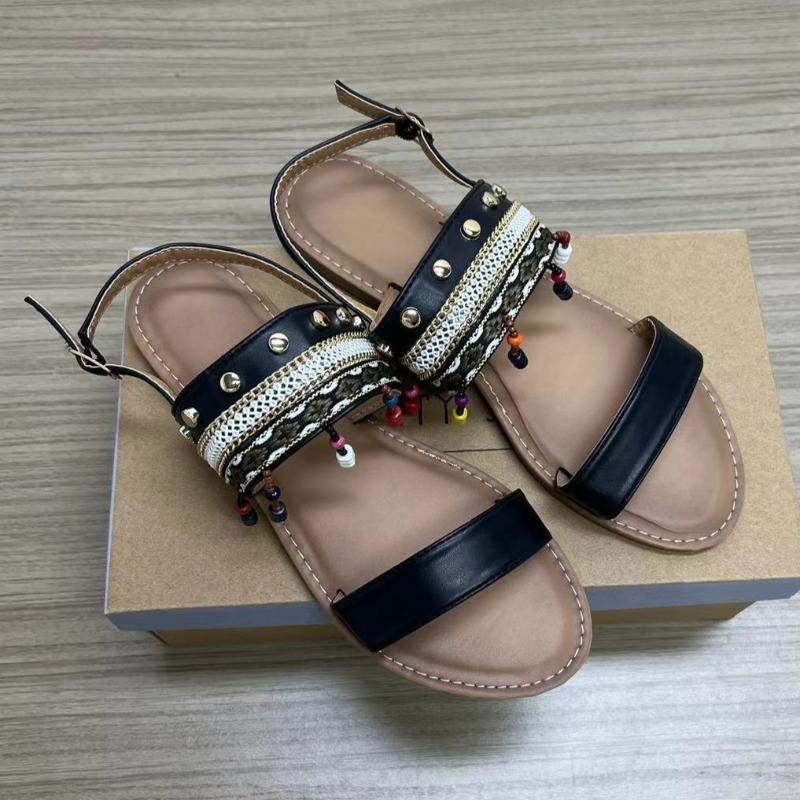 Fashion Bohemian Style Summer Leather Women Shoes 2025 Fashion Beaded and Braided Elements Flat Bottom Brand Casual Ladies Sandals