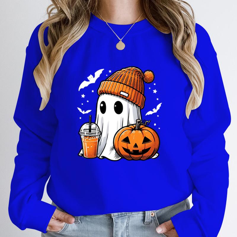 Women Fashion Creative Halloween Ghost Pumpkin Bat Print Pullovers Ladies Long Sleeves Halloween Hoodeless Sweatshirts