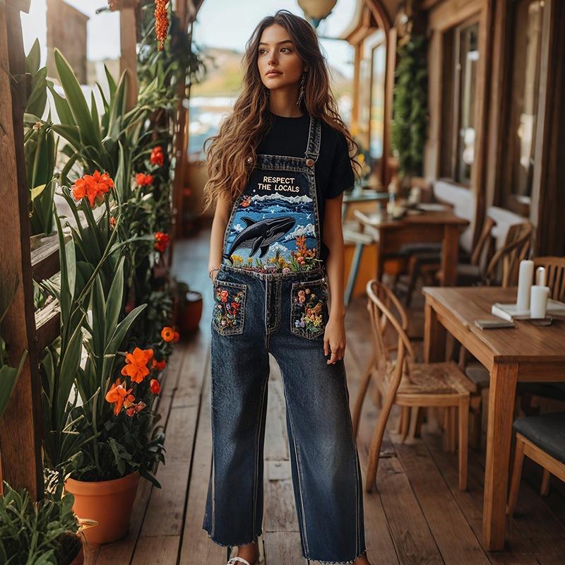 Overalls Sommer Damen Hosen Denim-Imitat Gerade geschnittene Hosen Vielseitige Lockere Gerade geschnittene Hosen 1D Digitaldruck