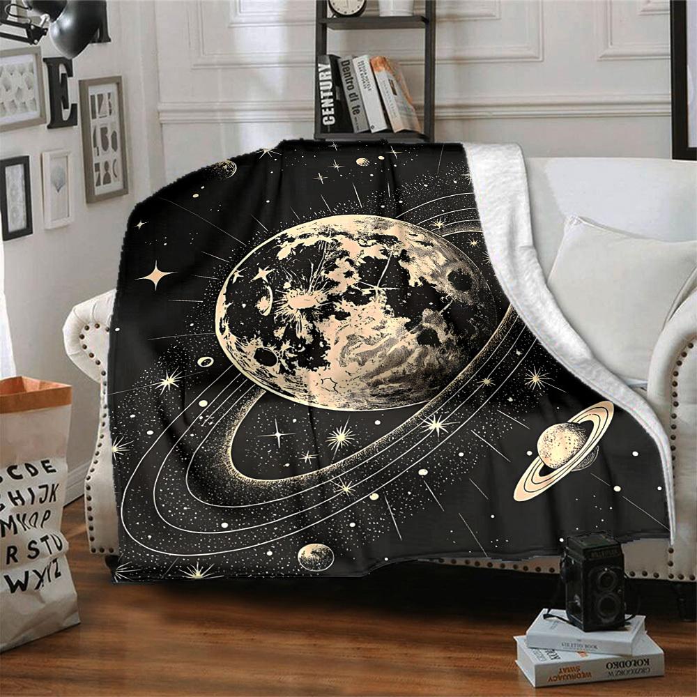 1pc Moon Saturn Print Blanket   Lightweight Flannel Throw Blanket For Sofa, Bed, Living Room, Office, Outdoor Travel, Camping