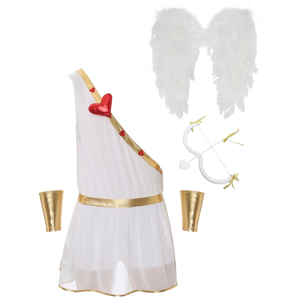 Mens Valentine Cupid Cosplay Costume Heart Shaped One Shoulder Romper Bodysuit Detachable Cuffs Feather Wings Set