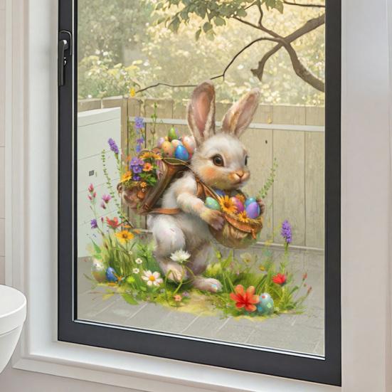 Window Sticker Healing Spring Window Scene Peel Stick Static Privacy Film Easter Bunny Egg Design Windows Doors Mirrors Decal