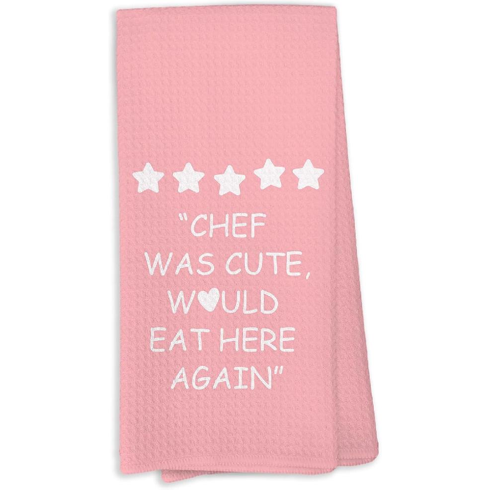 Pink Kitchen Accessories Towels, Chef was Cute Would Eat Here Again Dish Towels, Girly Cute Pink Chef Kithcen Decor