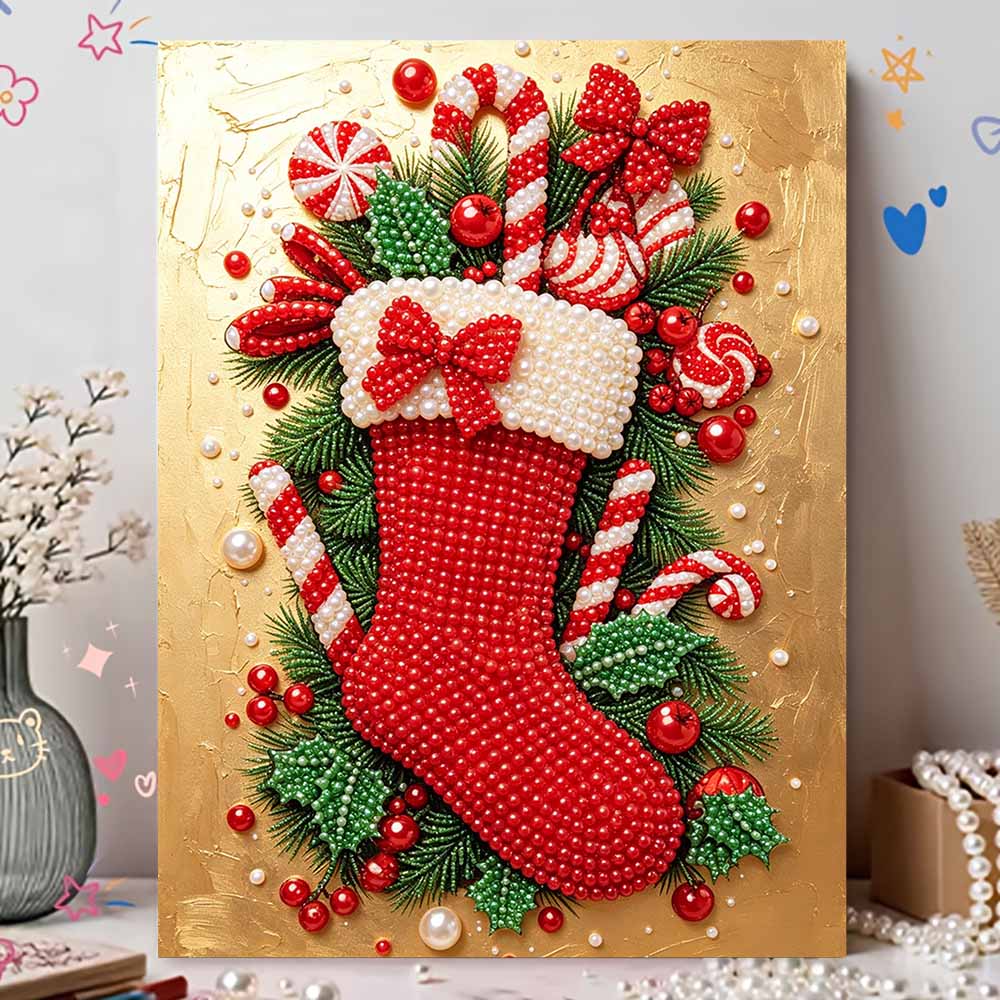 DIY Perlenmalset Festlicher Weihnachtsstrumpf Stressabbau Basteln Rahmenloses 3D-Leinwandbild für Erwachsene Heimdekoration Geschenk