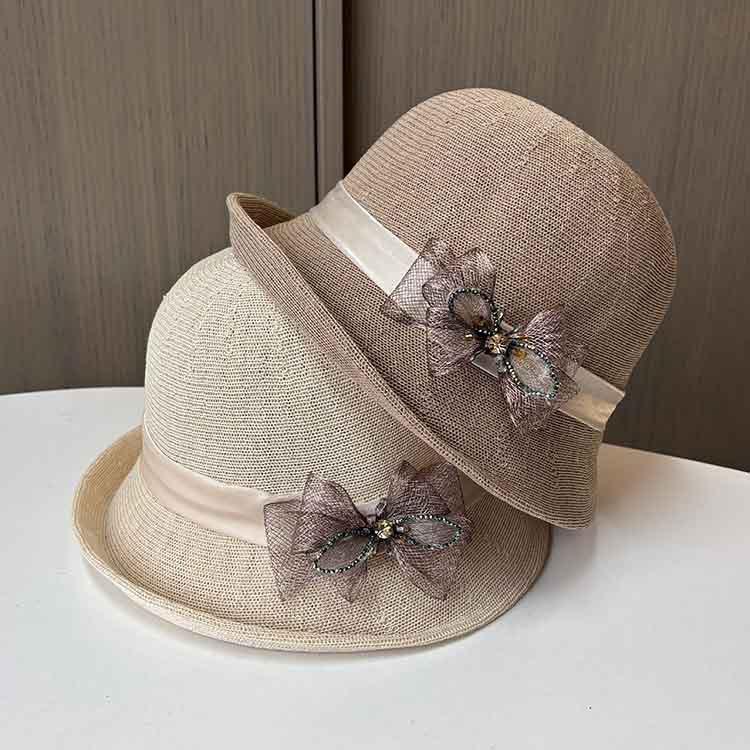 New handmade bow decoration crimped sun hat women's elegant top hat spring and summer light sun hat