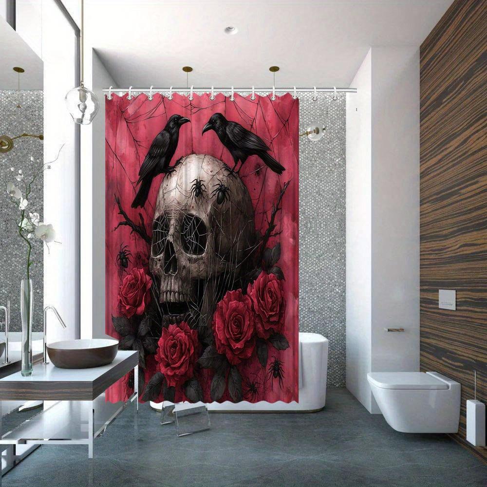 1pc Gothic Artistic Skull Shower Curtain, Vivid Red Background, with Spiders, Ravens & Blooming Roses, Polyester Fabric, Dark 90x180cm