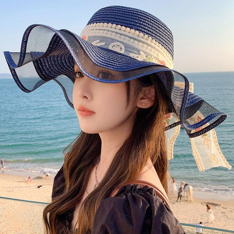 Summer Bow Sun Hat Female, Seaside Beach Vacation Sun Hat Outdoor Big Brim Sun Hat Sweet Straw Hat