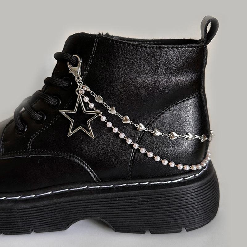 Doppellagige Schuhkette Canvas Schuhe Ketten Punk Stil Stern/Herz Perlen Schuhschnallen Schmuck Trendy Y2k Accessoires