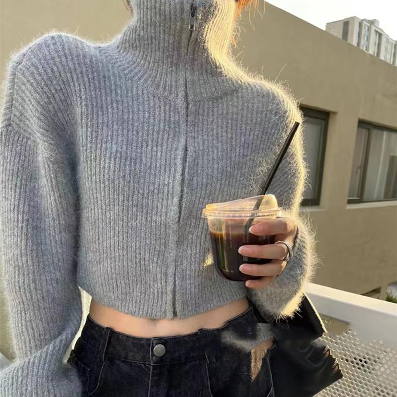 Elegant Fashion Turtleneck Cardigan Short Sweater Women Loose Autumn Winter New Versatile Zipper Long Sleeved Sweater Jacket Casual Simple Office Tops