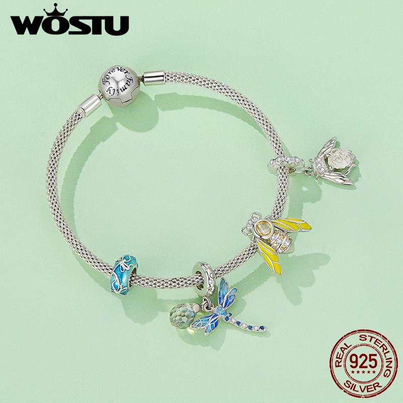 WOSTU 925 Sterling Silver Color Changeable Flower Pendant Charm Bee Hanging Beads for Women Bracelet & Bangle DIY Fine Jewelry