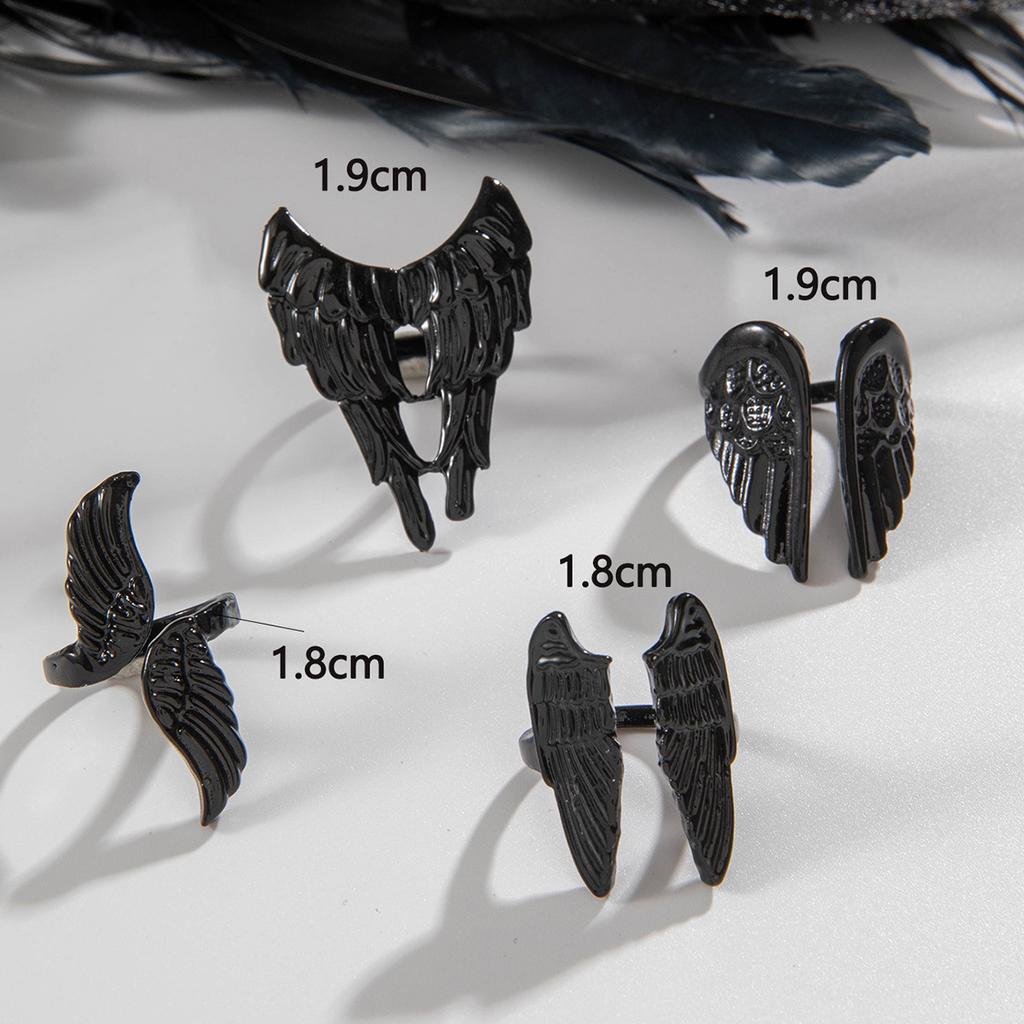 European and American dark angel wing rings punk style vintage feather articulated rings four-piece set for women