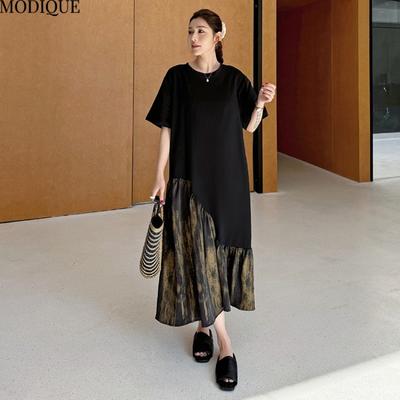 MODIQUE Été Grande Taille Nouveau Femmes Ample Basique T-Shirt Plissé Soie Patchwork Robes Longues Féminines Décontractées Manches Courtes Col O Robes