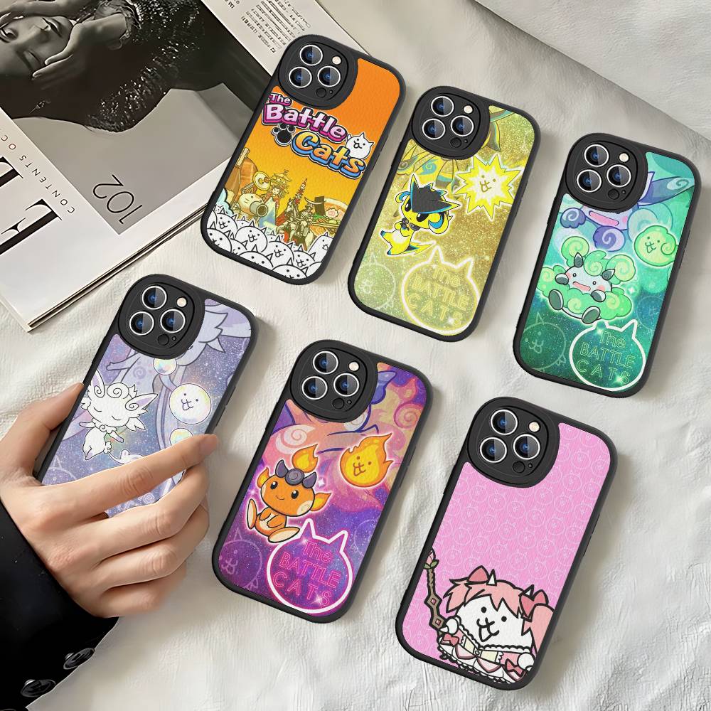 B-Battle Cats Anime Game Leather Phone Case For IPhone 16 15 14 13 12 11 Pro Max Plus Shockproof Cover
