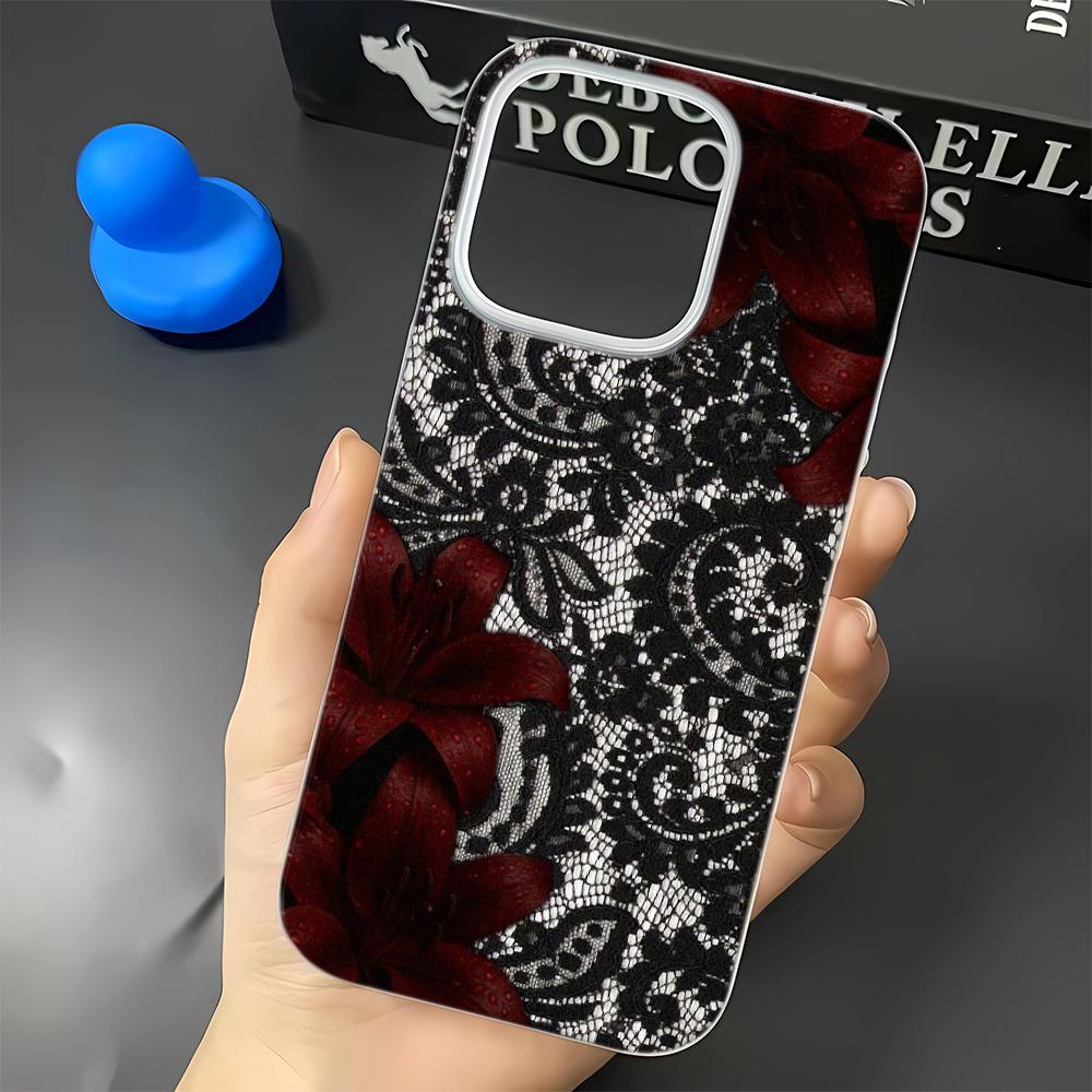 Lace Red Flower Phone Case For iPhone 17 Air 16 14 15 Pro Plus 13 12 11 Pro Max 16e XR XS Shockproof Silicone Phone Cover Fundas