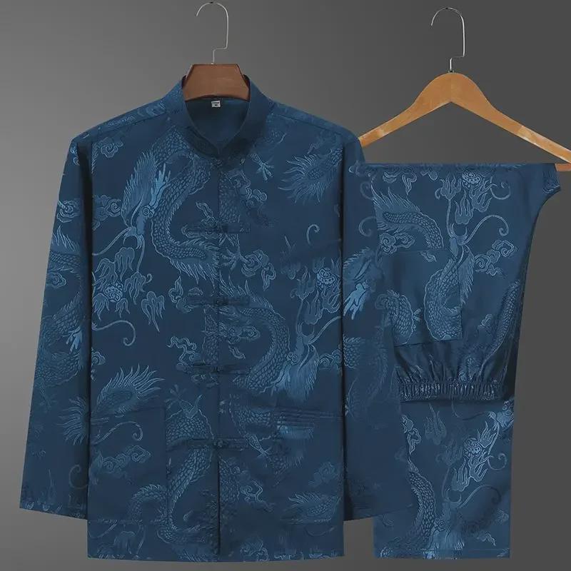 Ice Silk Tang Suit Long-Sleeved Shirt: Men's Chinese-Style Spring/Autumn Dress for Middle-Aged and Elderly