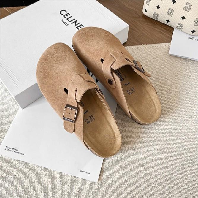 Boken 2024 Autumn Women's Genuine Leather Cork Mule Slippers: Closed-Toe Cow Suede, Flat Bottom, Outdoor Wear.